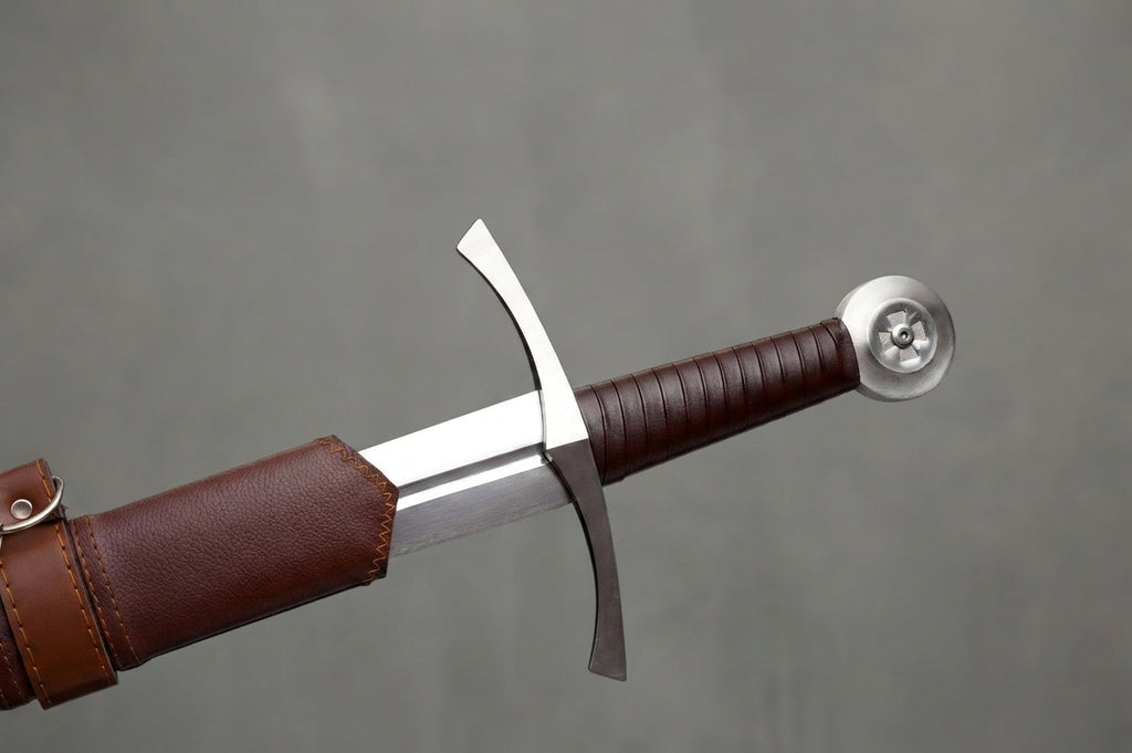 Kingsteel Longsword: Longsword with silver blade, brown leather grip, curved crossguard, and matching scabbard on grey background