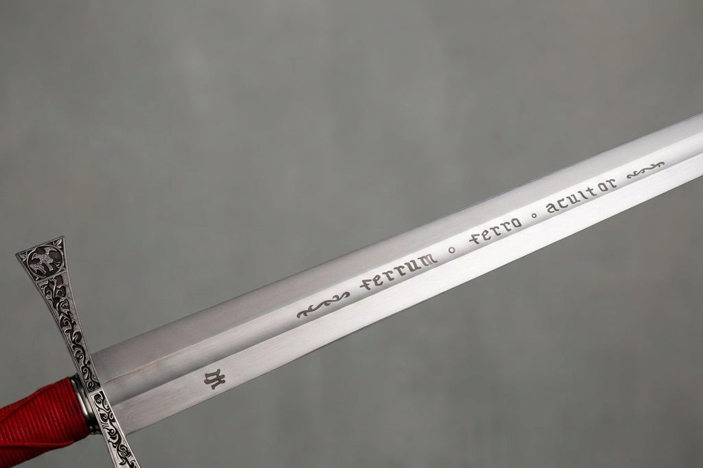 Longsword of the Four Evangelists - Kingdom Come: Deliverance 2: Silver longsword blade with latin engraving, ornate silver guard, red wrapped grip on grey background