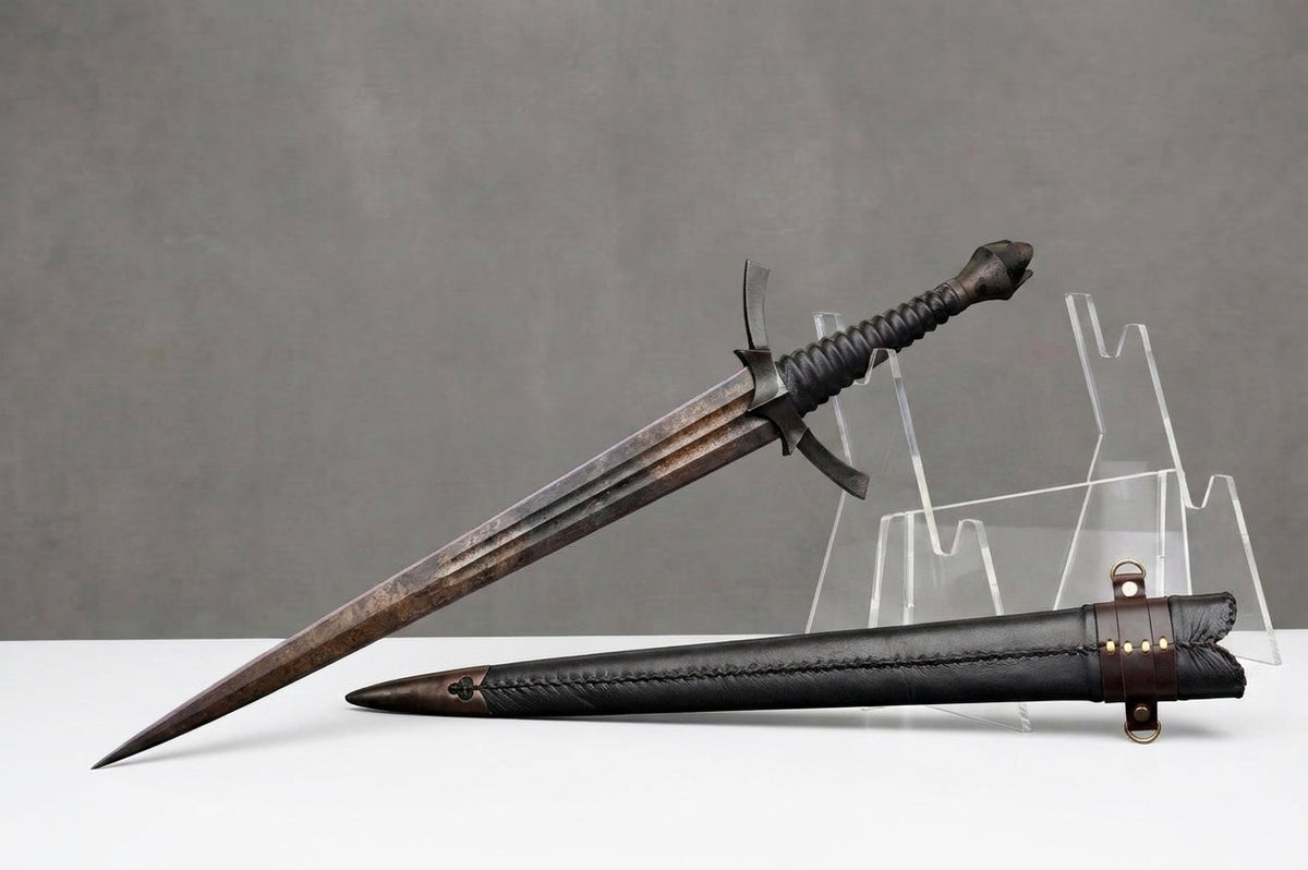 Morgul-Blade of the Witch-king - Lord of the Rings Sword: Aged metal sword with ribbed grip, black leather scabbard, clear stand on white surface, grey wall