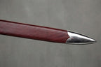 Paleguard Longsword: Dark red leather sword scabbard with polished silver-colored metal pointed chape on grey background