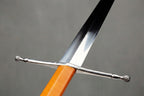Sunforge Longsword: Polished silver longsword blade, orange leather grip, and guard with twisted ends, grey background