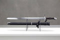 Voidstrike Longsword: steel longsword with dark leather grip beside black leather scabbard on clear stand on grey concrete background