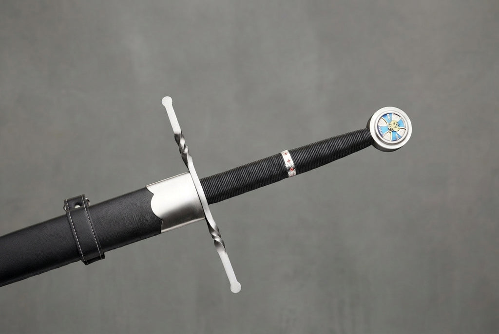 Wintercross Longsword: Black leather scabbard and longsword with twisted silver crossguard, cord-wrapped grip, ornate pommel on grey