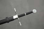 Wintercross Longsword: Black leather scabbard and longsword with twisted silver crossguard, cord-wrapped grip, ornate pommel on grey